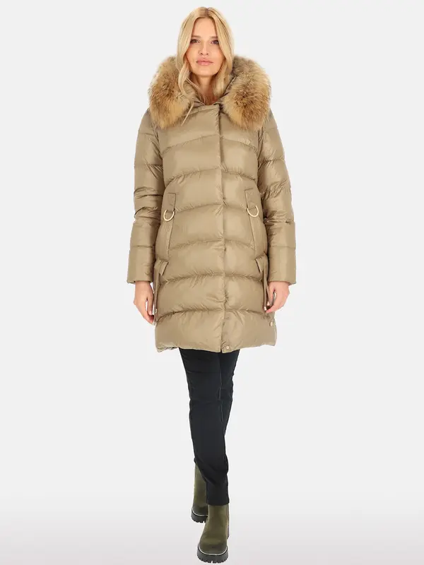 PERSO PERSO Woman's Women's long quilted jacket with natural raccoon fur,tobacco color