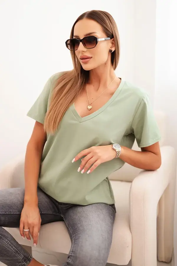 Polski Polski Women's cotton blouse with a V-neck and short sleeves dark mint