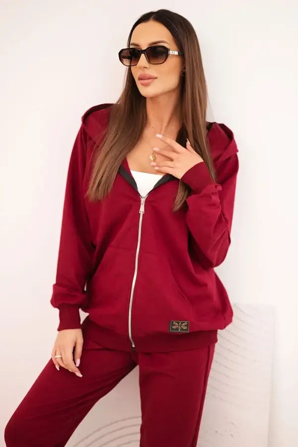 Polski Polski Women's cotton set with a hood and a zipper maroon