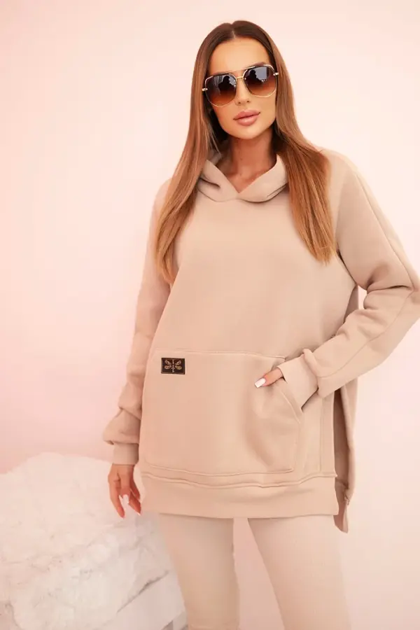 Polski Polski Women's cotton set with a hoodie and high-waisted leggings beige