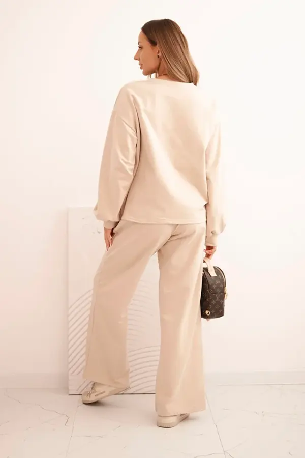 Polski Polski Women's cotton set with wide legs and long-sleeve sweatshirt beige