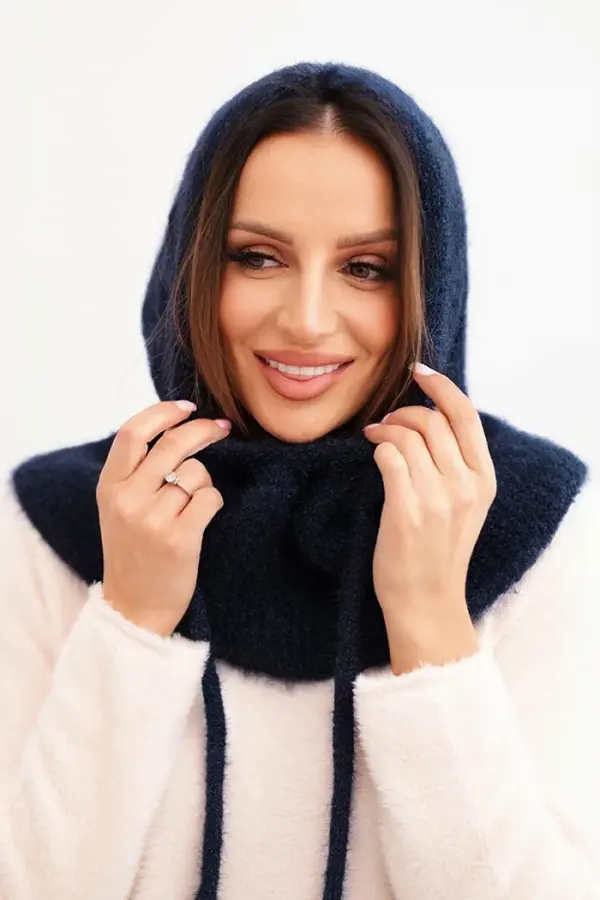 Polski Polski Women's hooded cap with tie and braid weave navy blue