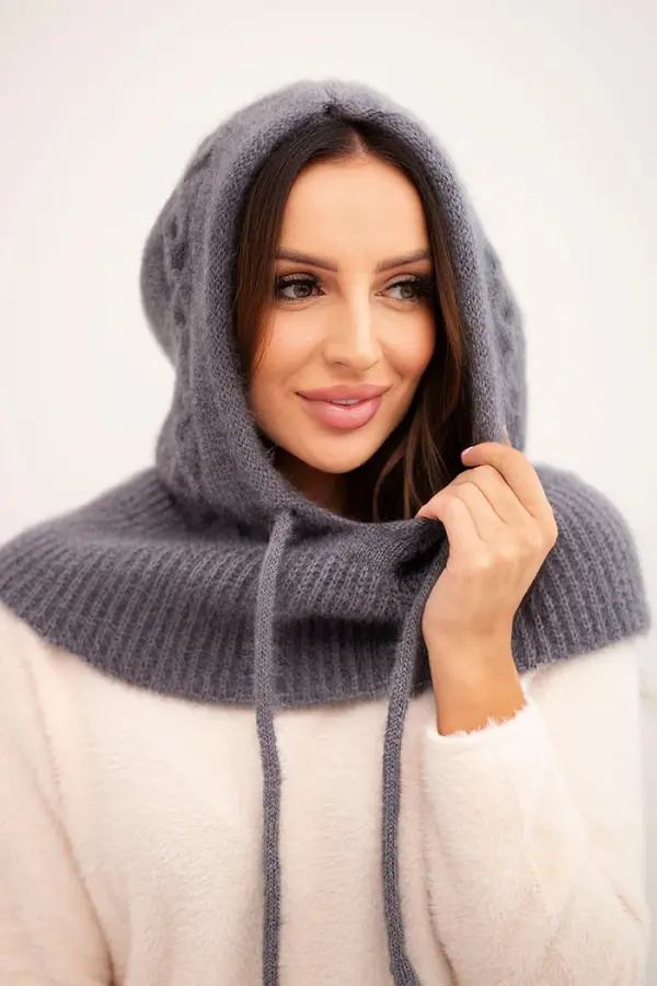 Polski Polski Women's hooded cap with ties and braid weave graphite