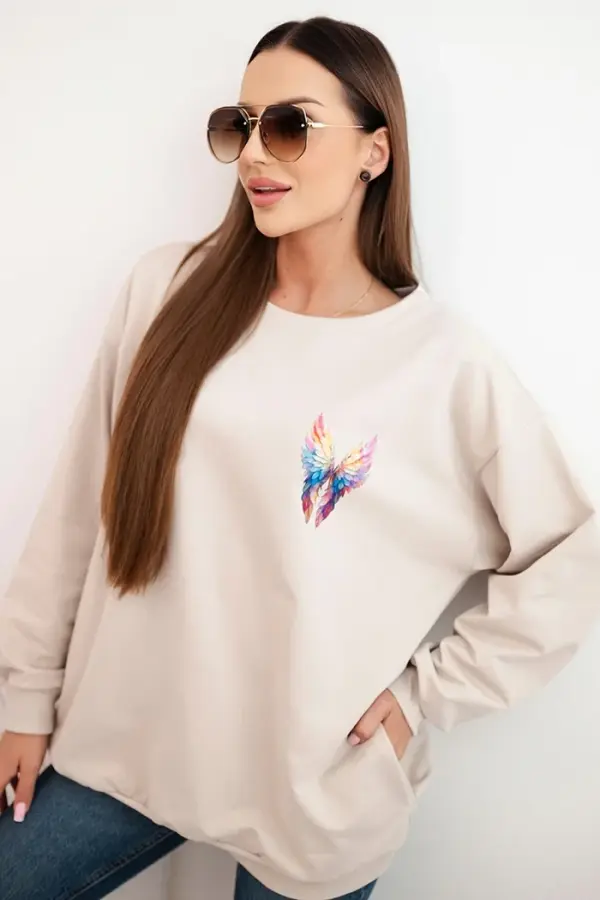 Polski Polski Women's oversized cotton sweatshirt with colorful wings on the back beige