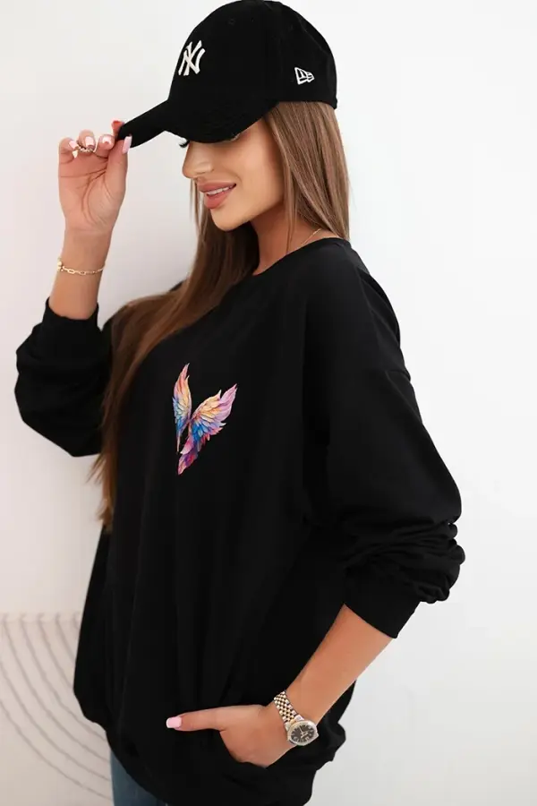 Polski Polski Women's oversized cotton sweatshirt with colorful wings on the back black