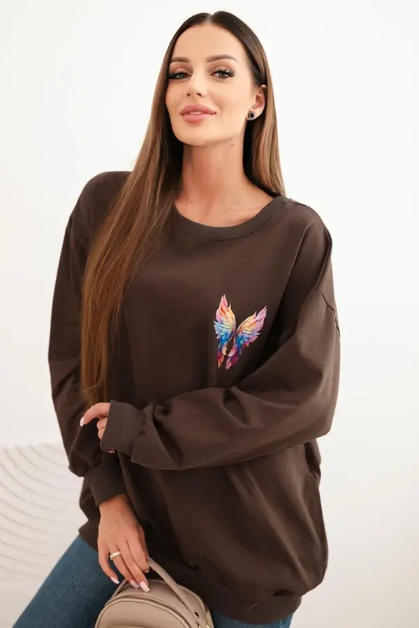 Polski Polski Women's oversized cotton sweatshirt with colorful wings on the back brown