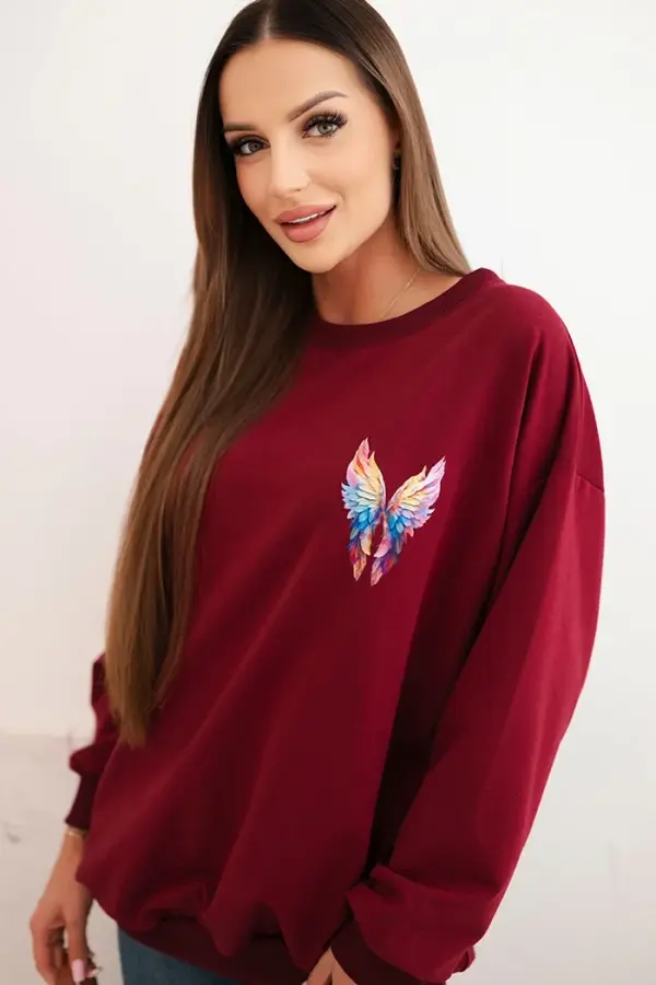 Polski Polski Women's oversized cotton sweatshirt with colorful wings on the back burgundy