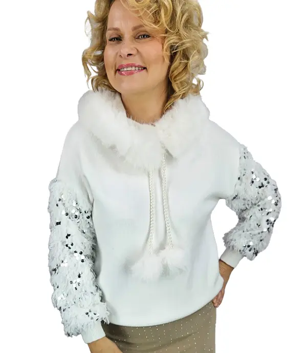Pri Pri Warm sweater sweatshirt with hood, detachable fur and feathers BOMBAY