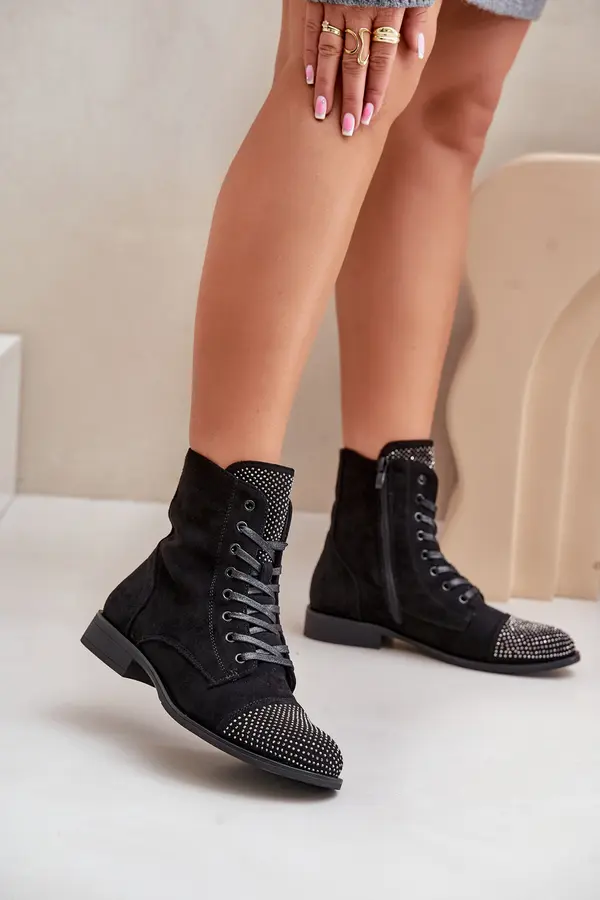 Boto PS1 Embellished ankle boots with flat heel eco suede insulated black Ellieo