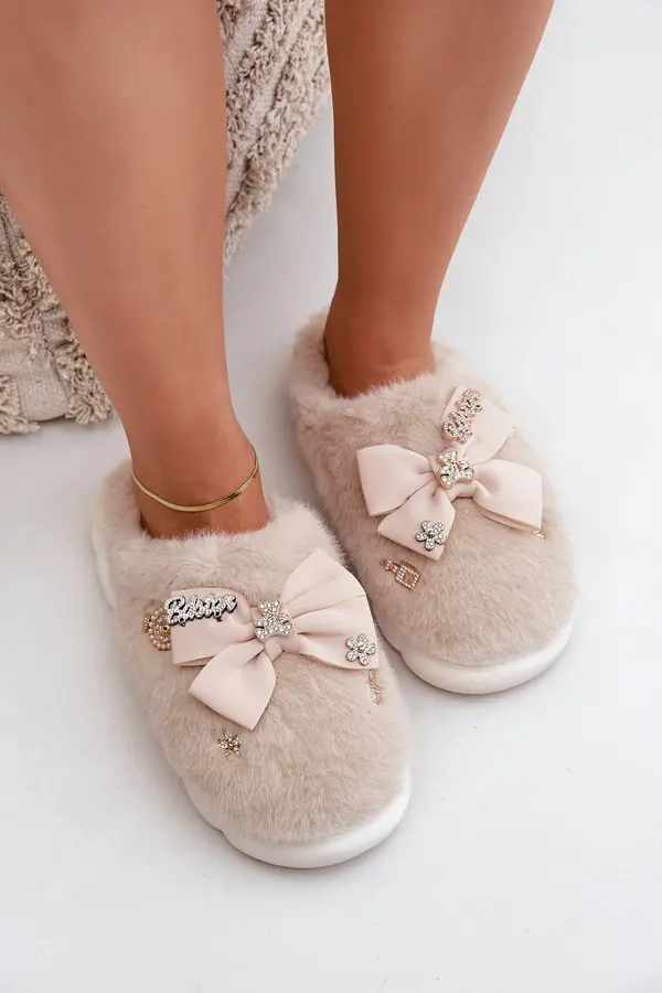 Boto PS1 Furry Slippers With Bow And Embellishments Beige Annalira
