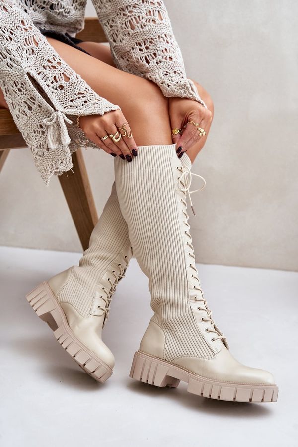 PS1 PS1 Women's Sock Boots with Laces on Flat Heel Beige Vamisha