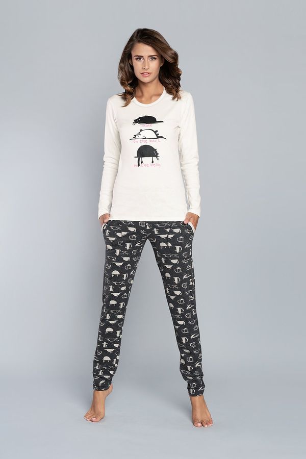 Italian Fashion Pyjamas Dima long sleeves, long pants - ecru print/dark melange