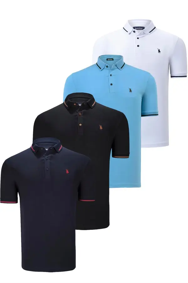 dewberry QUADRUPLE SET T8586 DEWBERRY MEN'S T-SHIRT-BLACK-WHITE-NAVY-LIGHT BLUE