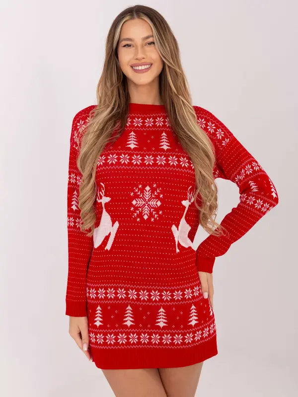 Italy Moda Rdeč božični pulover z motivom severnih jelenov