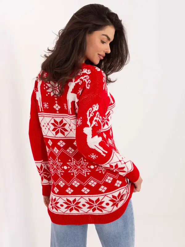 Italy Moda Rdeč božični pulover z motivom severnih jelenov