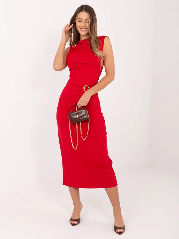 RUE PARIS Rdeča midi obleka z drapiranjem