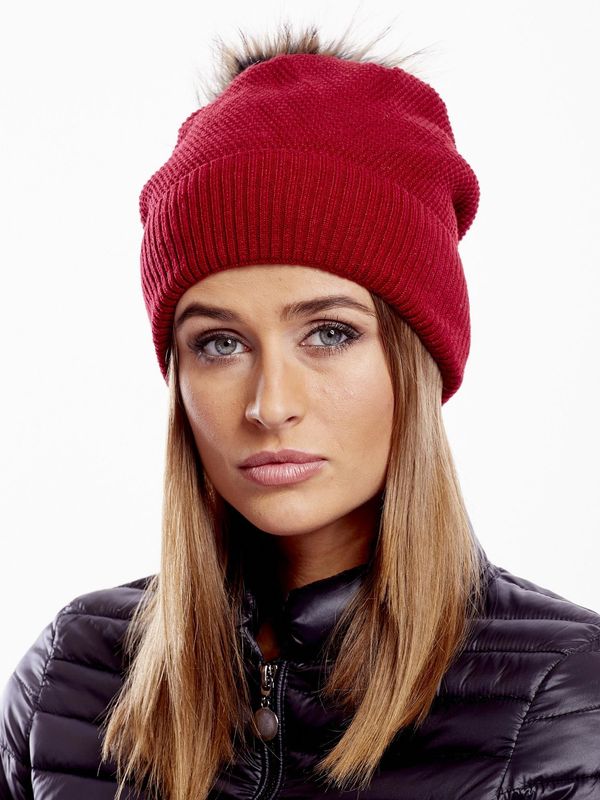 Fashionhunters Red cap with fur pompom