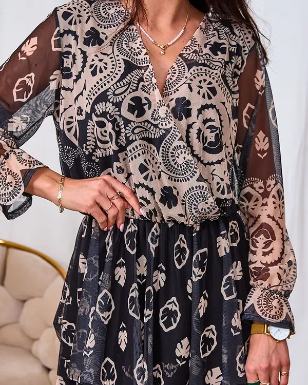 Resti Resti Black and beige mesh midi dress with print