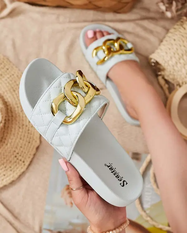 Resti Resti Blue women's quilted slippers with a gold chain Eteris - Footwear