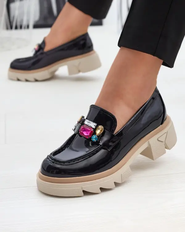 Resti Resti Lacquered black moccasins with colored stones Sarix - Footwear