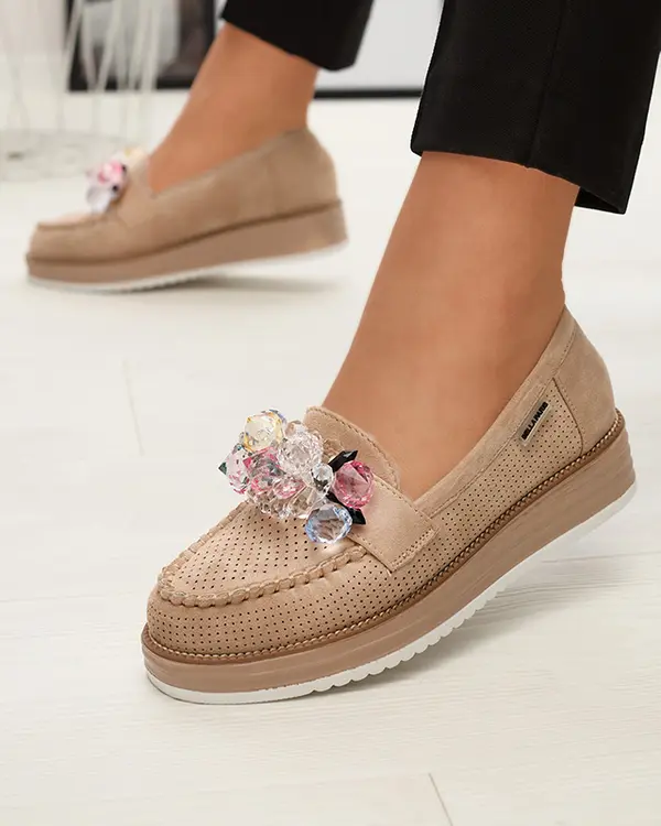 Resti Resti Light brown women's moccasins with decorative crystals Liscutio- Footwear