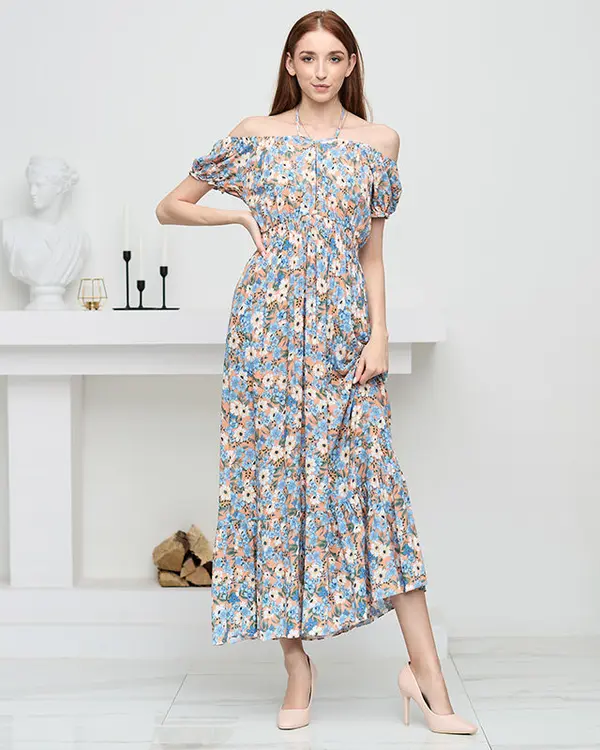 Resti Resti Long orange summer dress for women with blue flowers - Clothing