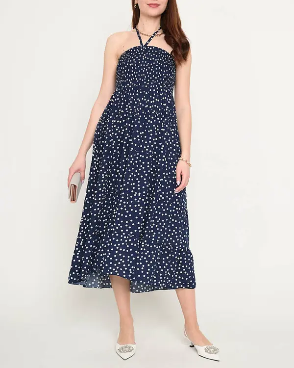 Resti Resti Navy blue ladies midi dress with polka dots - Clothing