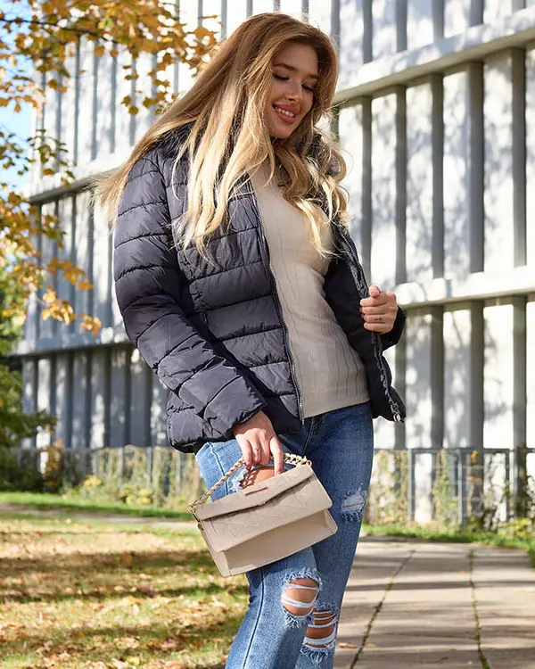 Resti Resti Navy blue women's quilted jacket with hood and fur- Clothing