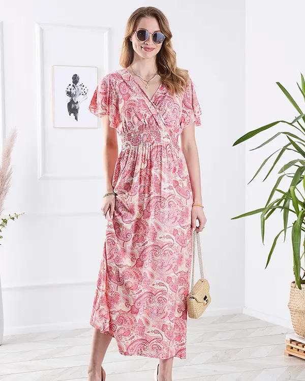 Resti Resti Patterned pink women's midi dress Clothing