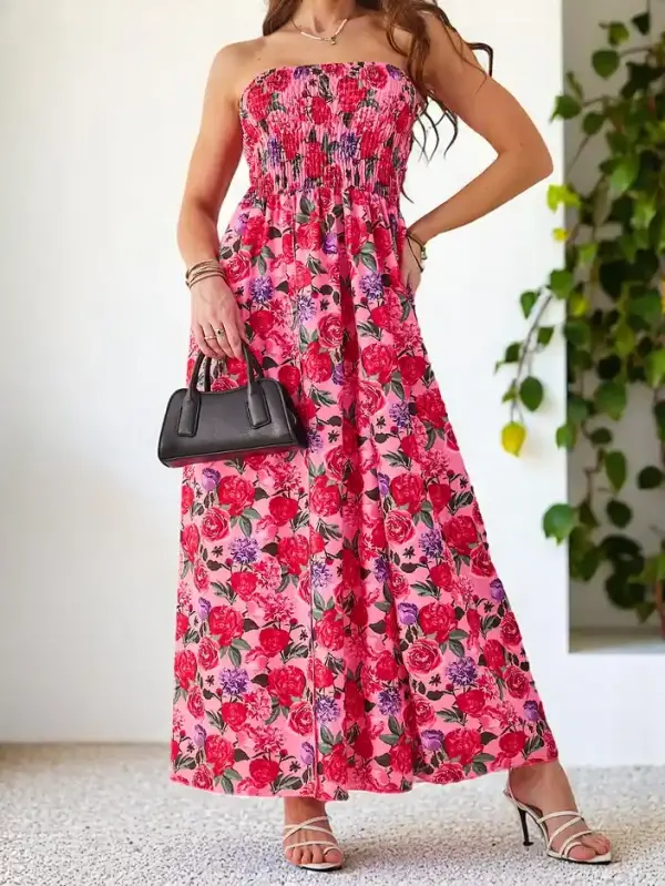 Resti Resti Patterned women's midi dress without sleeves with a wide elastic band and slits at the bottom