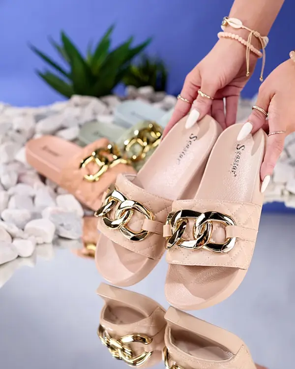 Resti Resti Royalfashion Beige women's quilted flip-flops with gold chain Eteris