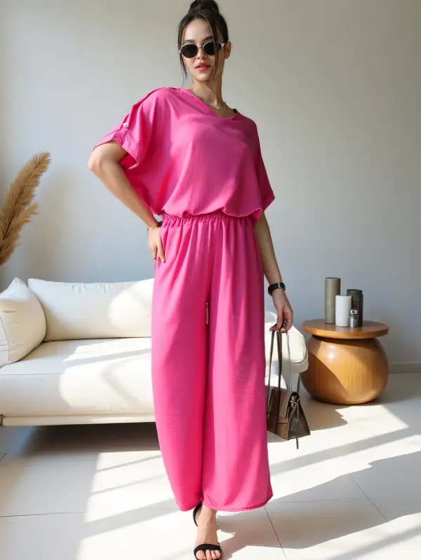 Resti Resti Women's casual set with a short-sleeve blouse and wide trousers