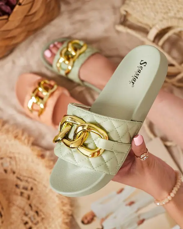 Resti Resti Women's green quilted slippers with a gold chain Eteris - Footwear