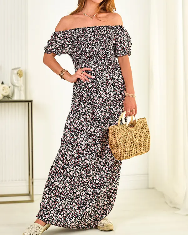 Resti Resti Women's maxi dress a'la hiszpanka in floral pattern in navy blue- Clothing