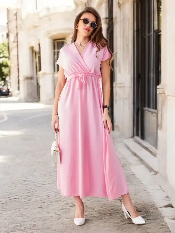 Resti Resti Women's midi dress with a wrap neckline, short sleeves, and a belt