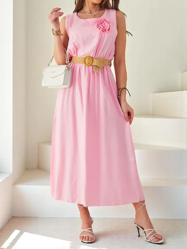 Resti Resti Women's midi dress with straps, featuring a round neckline with a decorative flower