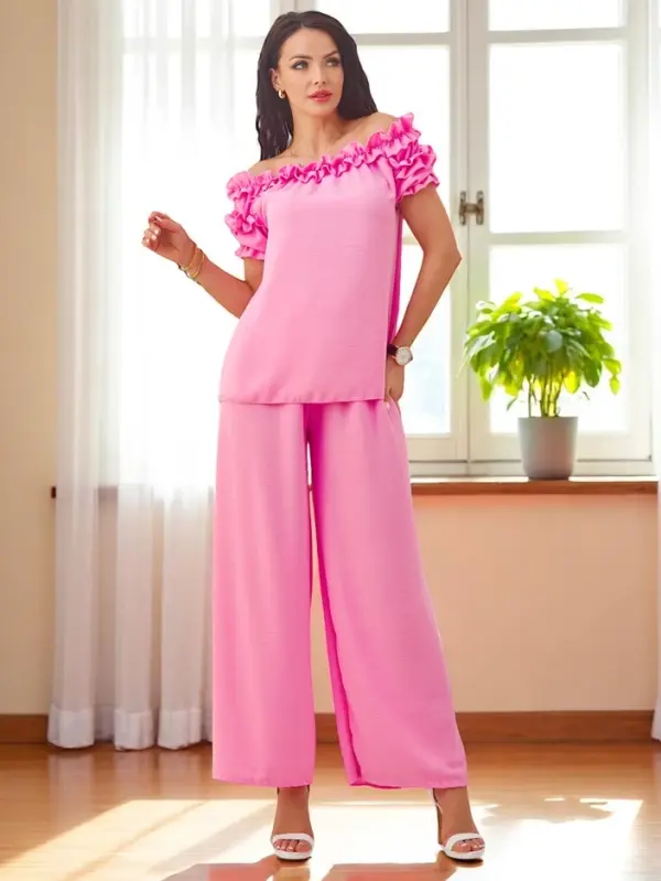 Resti Resti Women's set with an off-the-shoulder blouse with short sleeves and decorative neckline, and flared pants