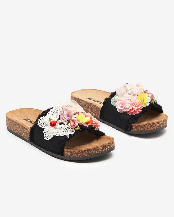 Resti Resti Women's slippers with fabric flowers in black Ososi- Footwear