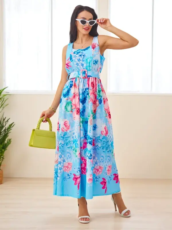 Resti Resti Women's viscose midi dress with straps, featuring a belt in various floral patterns