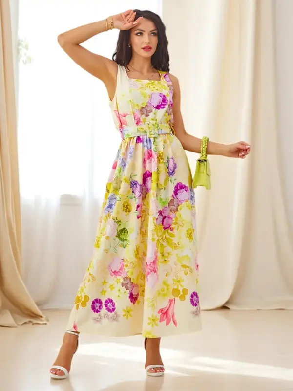 Resti Resti Women's viscose midi dress with straps, featuring a belt in various floral prints