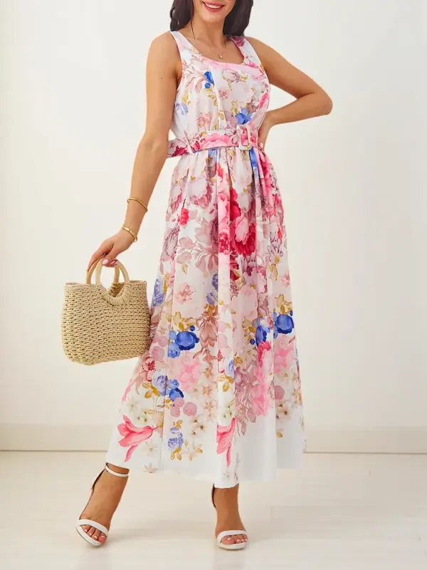 Resti Resti Women's viscose midi dress with straps, with a belt in various flowers