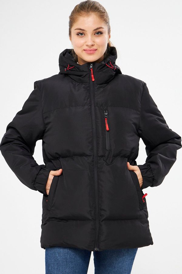 River Club River Club Women's Black Fiber Inner Water And Windproof Hooded Puffer Sports Winter Coat