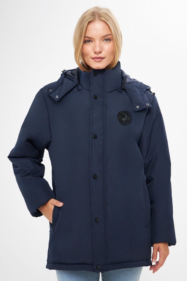 River Club River Club Women's Navy Blue Camouflage Hooded Water And Windproof Winter Coat & Parka