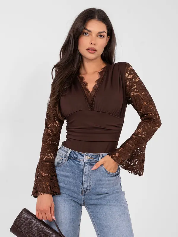 Italy Moda Rjav čipkast bodi z dolgimi rokavi