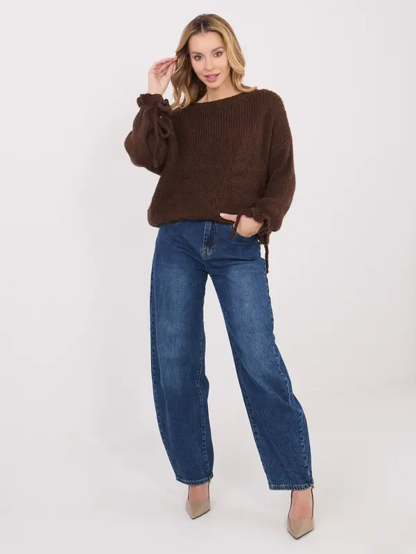 Italy Moda Rjav pulover z vezalkami na rokavih