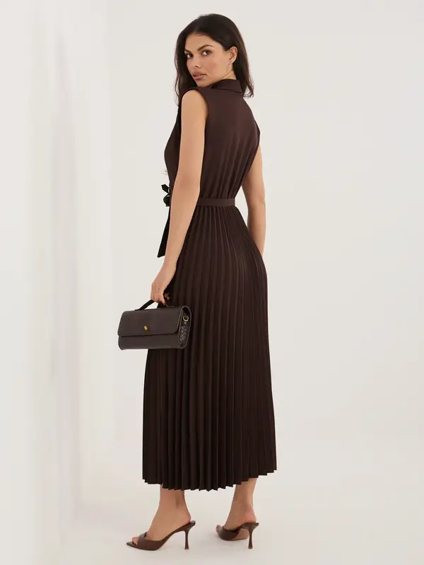 RUE PARIS Rjava midi obleka z ovratnikom