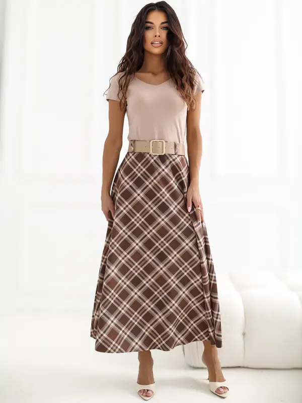 Italy Moda Rjavo razširjeno krilo s karo vzorcem