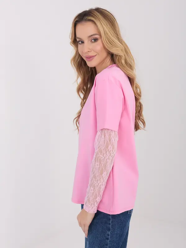 Italy Moda Roza bluza s čipkastimi rokavi