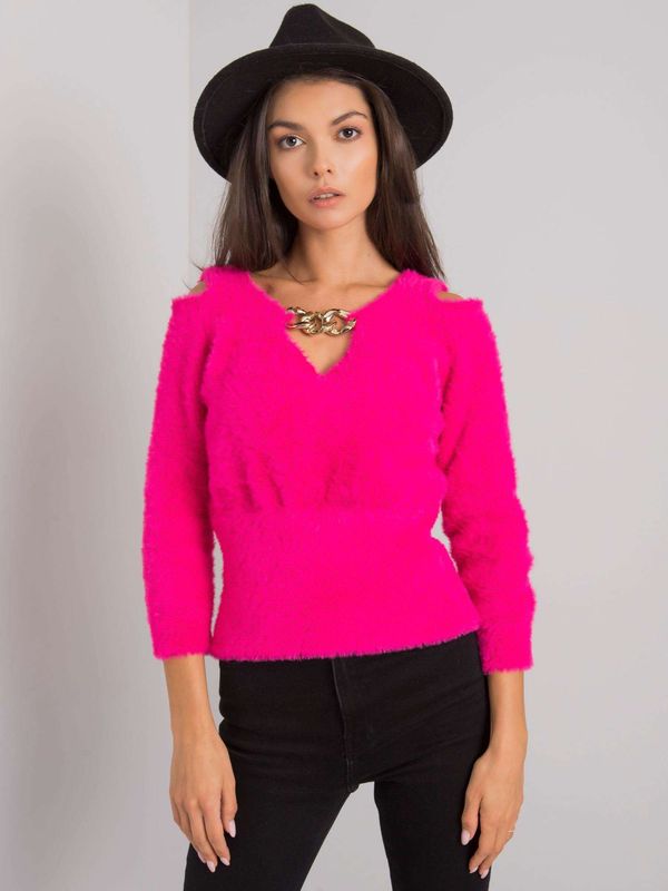 Fashionhunters RUE PARIS Fuchsia pulover s trikotnim izrezom