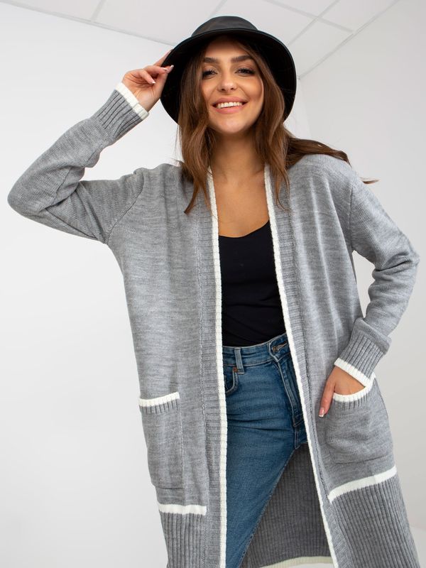 Fashionhunters RUE PARIS long cardigan without fastening, grey and ecru